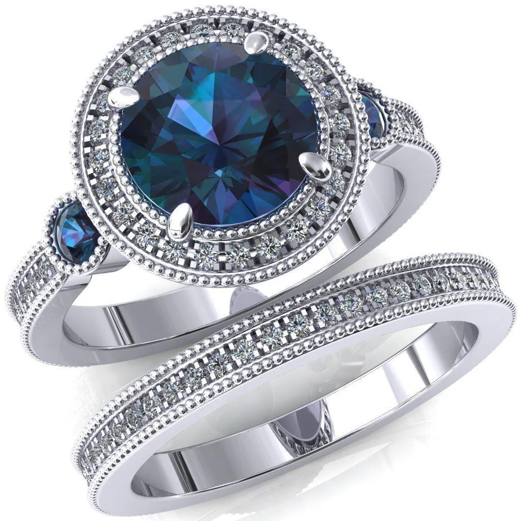 Brachium Round Alexandrite Bezel Milgrain Halo 3/4 Eternity Accent Diamond Ring