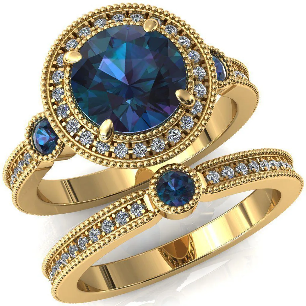 Brachium Round Alexandrite Bezel Milgrain Halo 3/4 Eternity Accent Diamond Ring
