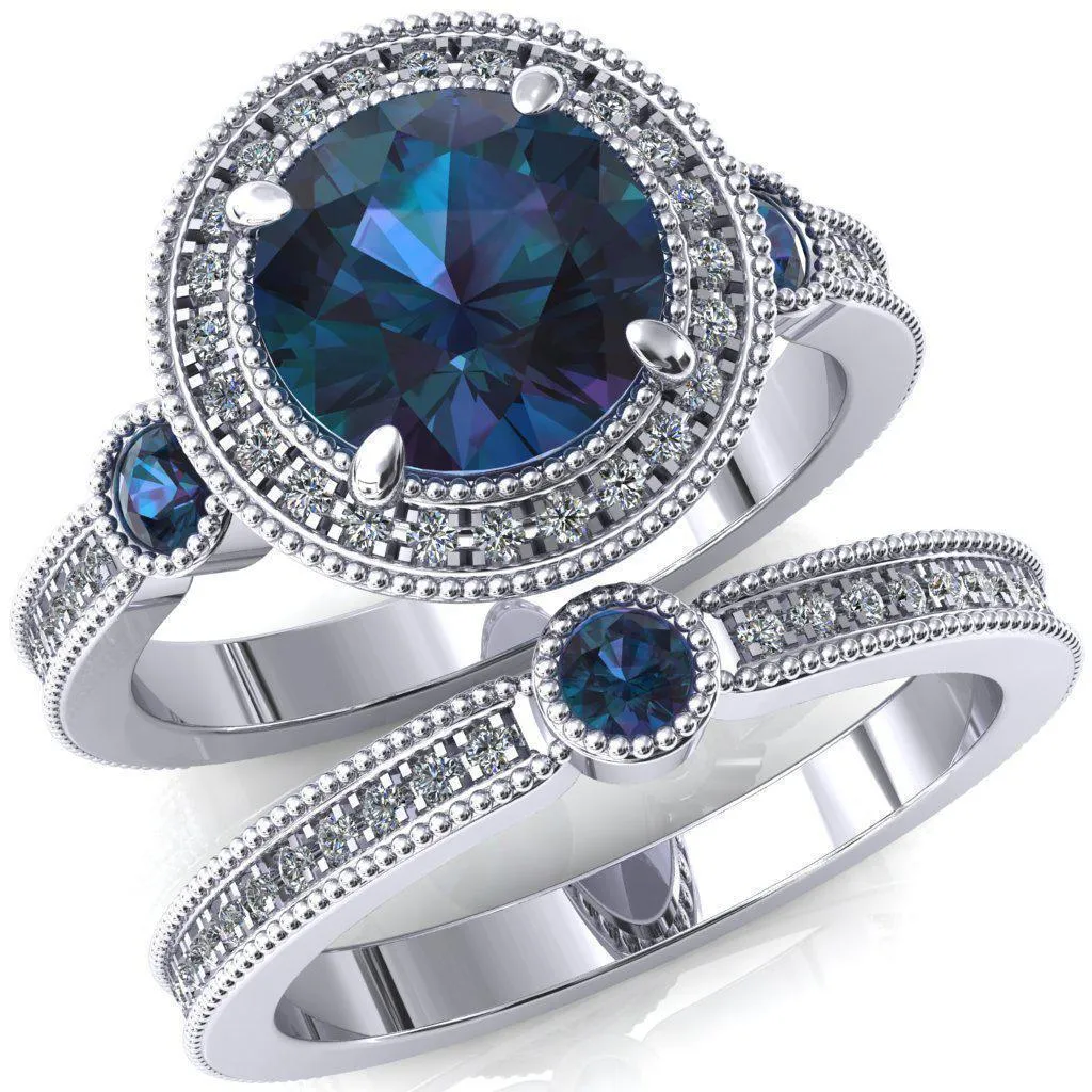 Brachium Round Alexandrite Bezel Milgrain Halo 3/4 Eternity Accent Diamond Ring