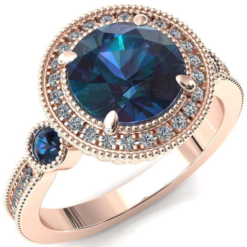Brachium Round Alexandrite Bezel Milgrain Halo 3/4 Eternity Accent Diamond Ring