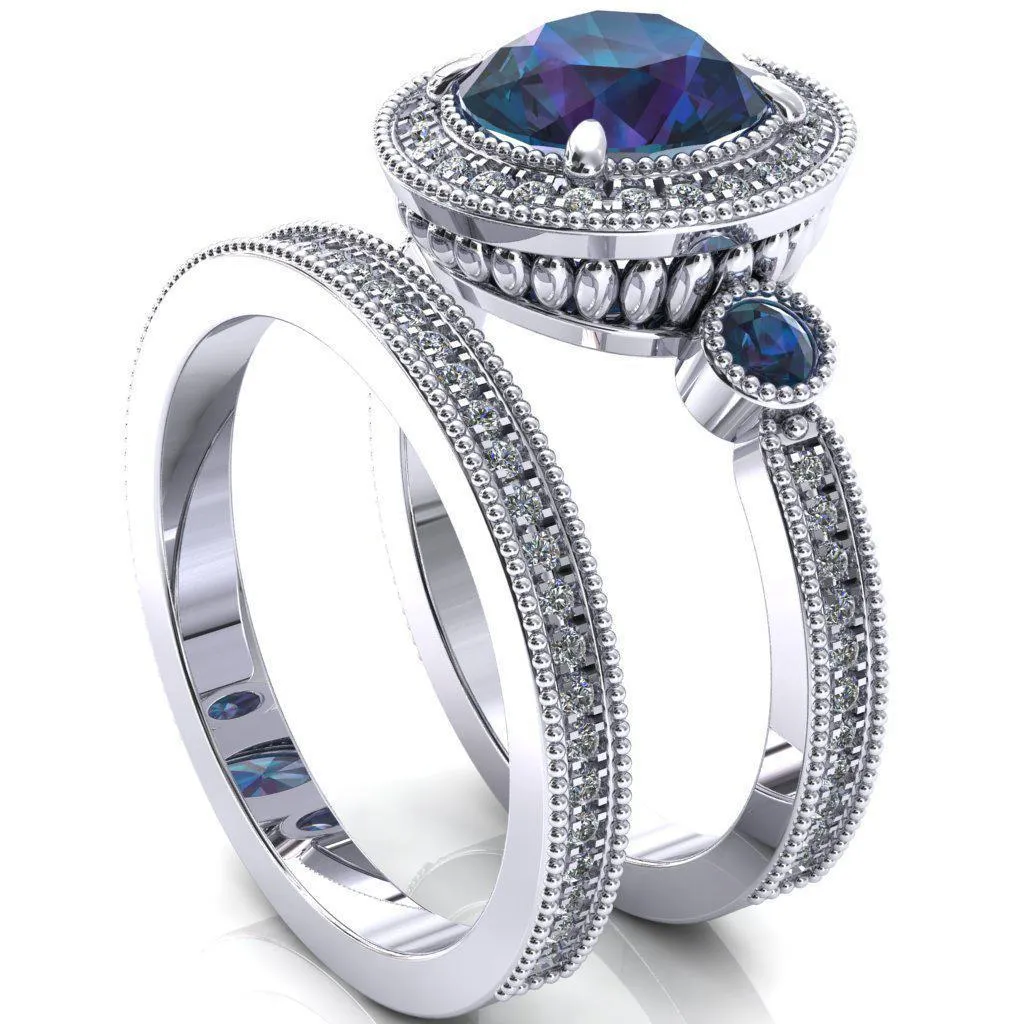 Brachium Round Alexandrite Bezel Milgrain Halo 3/4 Eternity Accent Diamond Ring