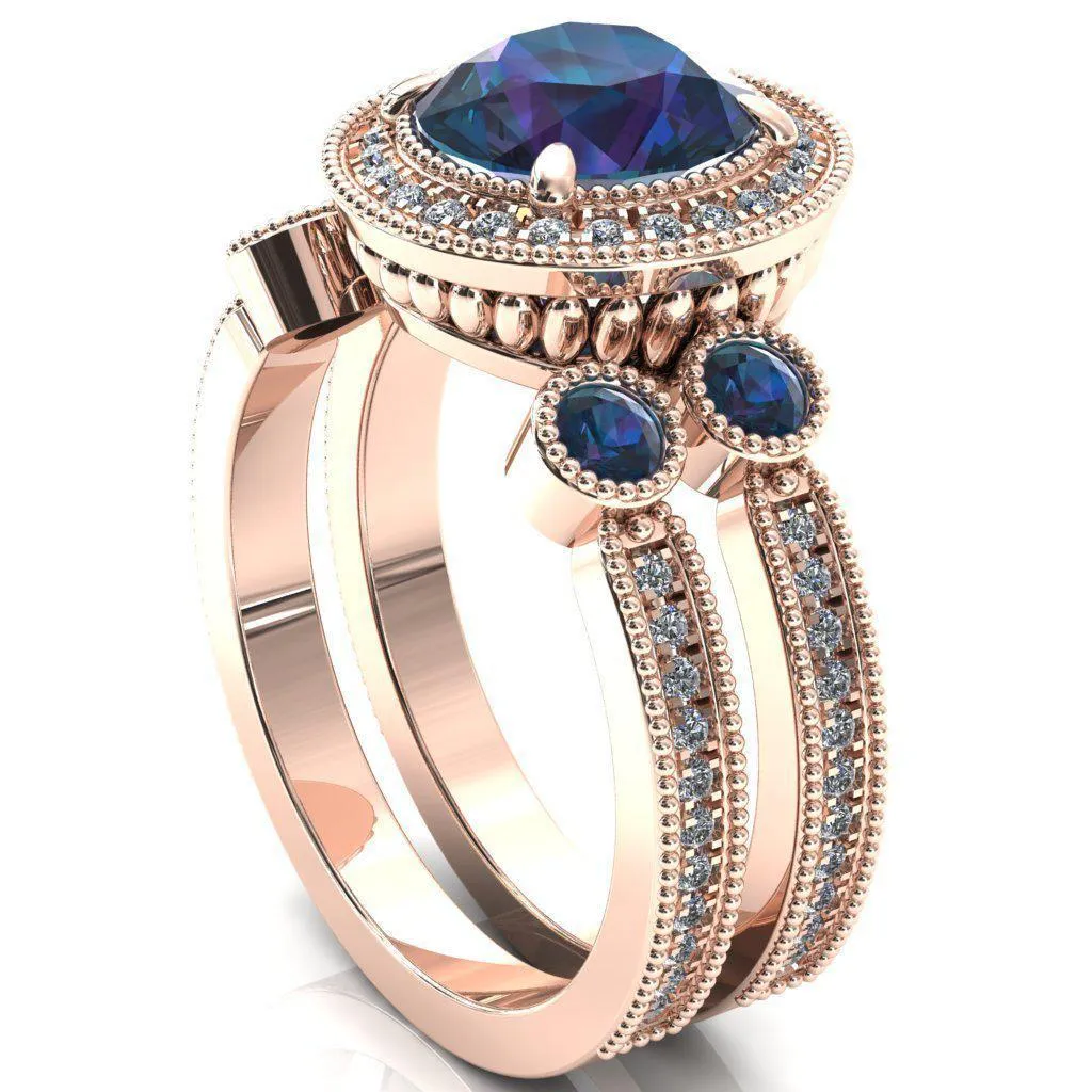 Brachium Round Alexandrite Bezel Milgrain Halo 3/4 Eternity Accent Diamond Ring