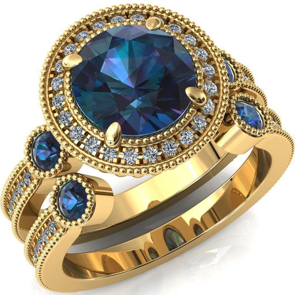 Brachium Round Alexandrite Bezel Milgrain Halo 3/4 Eternity Accent Diamond Ring