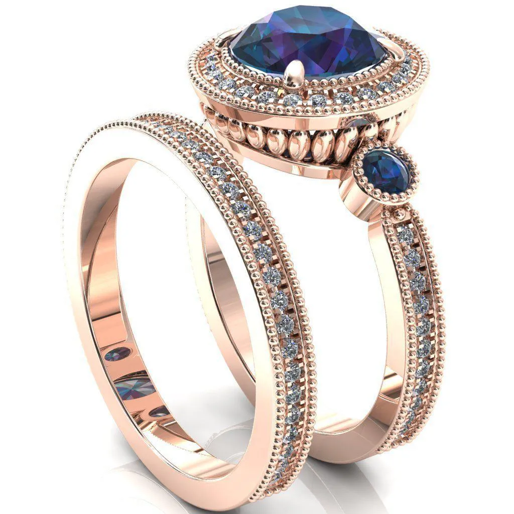 Brachium Round Alexandrite Bezel Milgrain Halo 3/4 Eternity Accent Diamond Ring