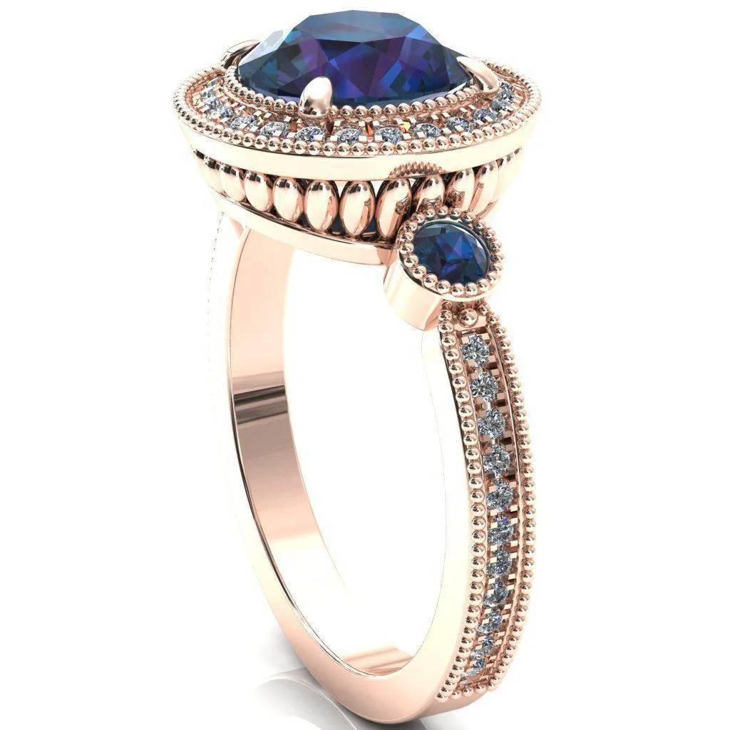 Brachium Round Alexandrite Bezel Milgrain Halo 3/4 Eternity Accent Diamond Ring