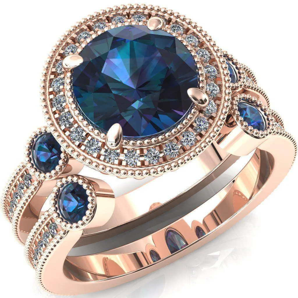 Brachium Round Alexandrite Bezel Milgrain Halo 3/4 Eternity Accent Diamond Ring