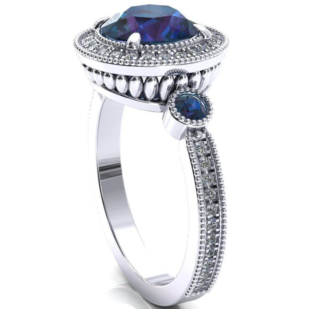 Brachium Round Alexandrite Bezel Milgrain Halo 3/4 Eternity Accent Diamond Ring