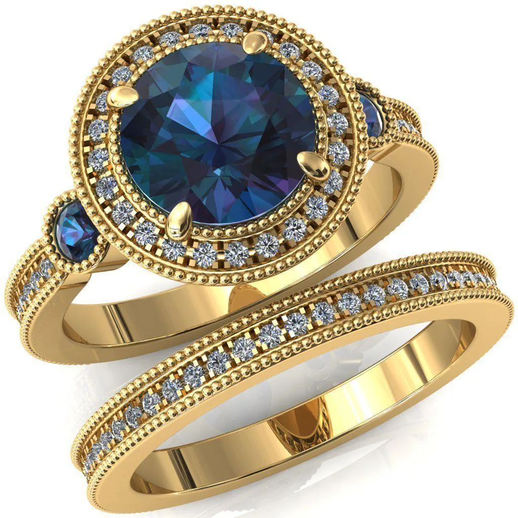 Brachium Round Alexandrite Bezel Milgrain Halo 3/4 Eternity Accent Diamond Ring
