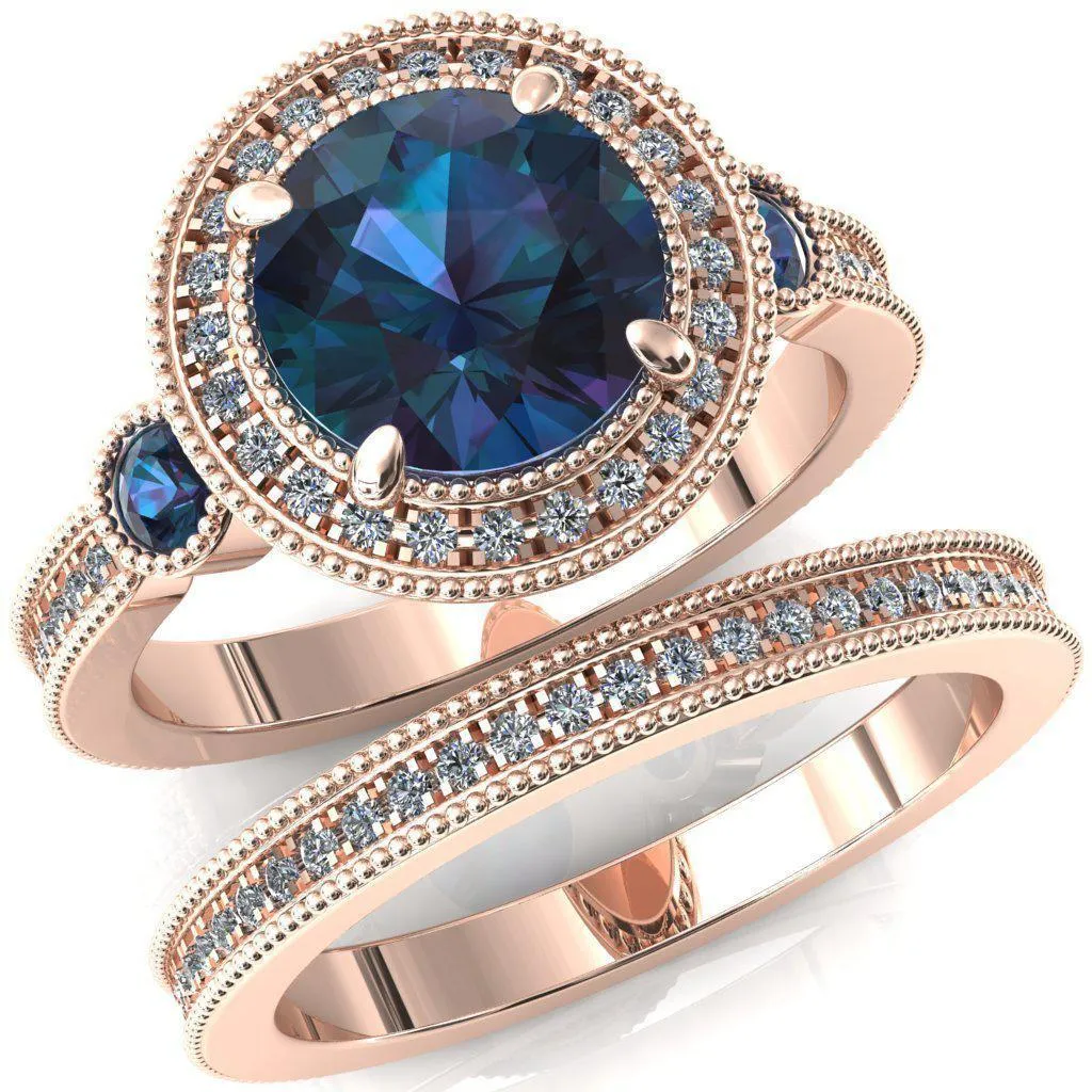 Brachium Round Alexandrite Bezel Milgrain Halo 3/4 Eternity Accent Diamond Ring