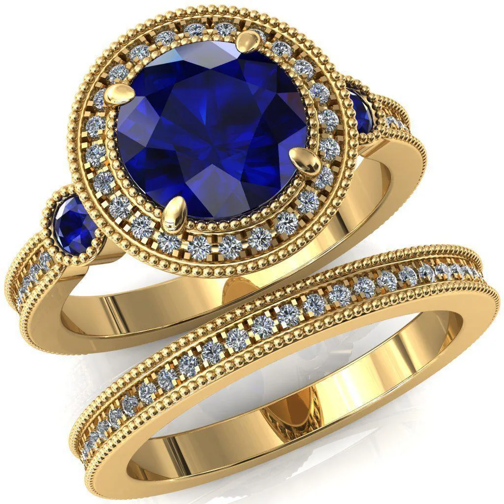 Brachium Round Blue Sapphire Bezel Milgrain Halo 3/4 Eternity Accent Diamond Ring