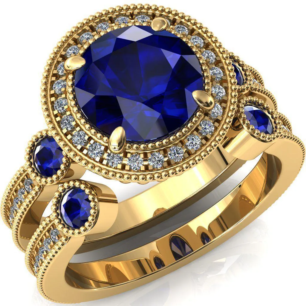 Brachium Round Blue Sapphire Bezel Milgrain Halo 3/4 Eternity Accent Diamond Ring