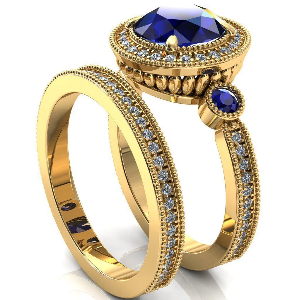 Brachium Round Blue Sapphire Bezel Milgrain Halo 3/4 Eternity Accent Diamond Ring