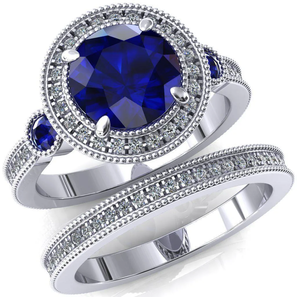 Brachium Round Blue Sapphire Bezel Milgrain Halo 3/4 Eternity Accent Diamond Ring
