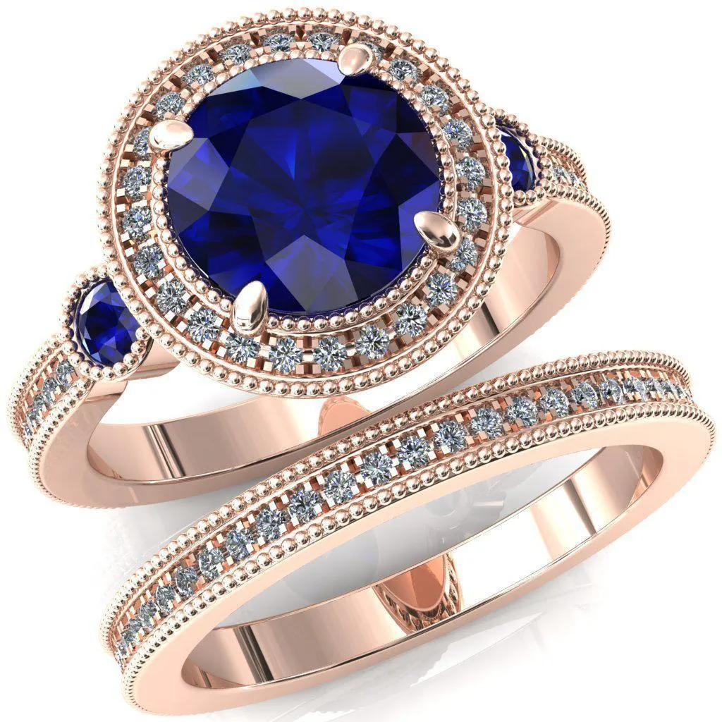 Brachium Round Blue Sapphire Bezel Milgrain Halo 3/4 Eternity Accent Diamond Ring