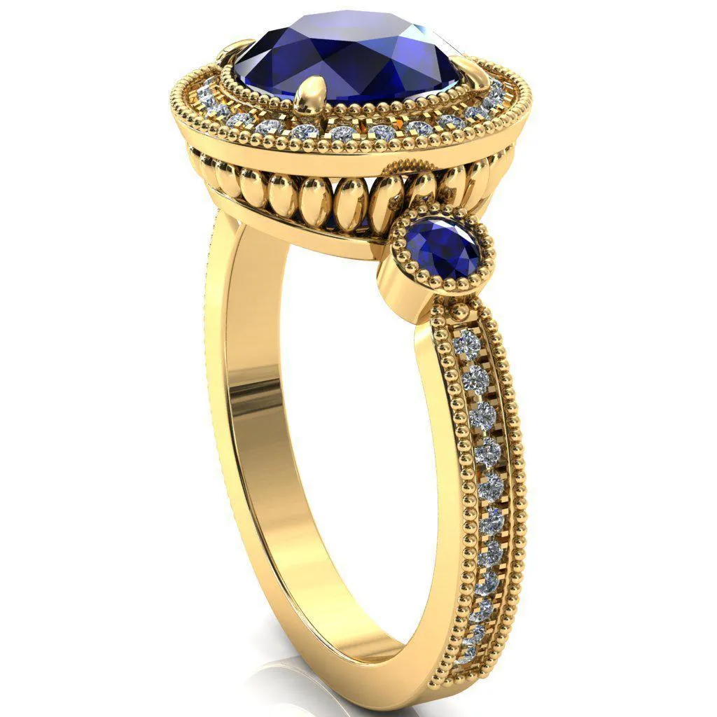 Brachium Round Blue Sapphire Bezel Milgrain Halo 3/4 Eternity Accent Diamond Ring