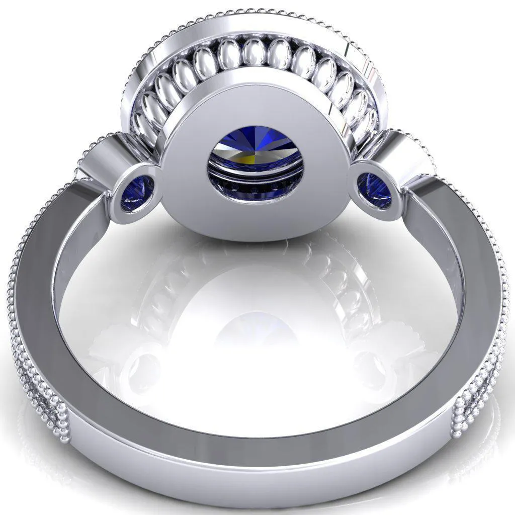 Brachium Round Blue Sapphire Bezel Milgrain Halo 3/4 Eternity Accent Diamond Ring
