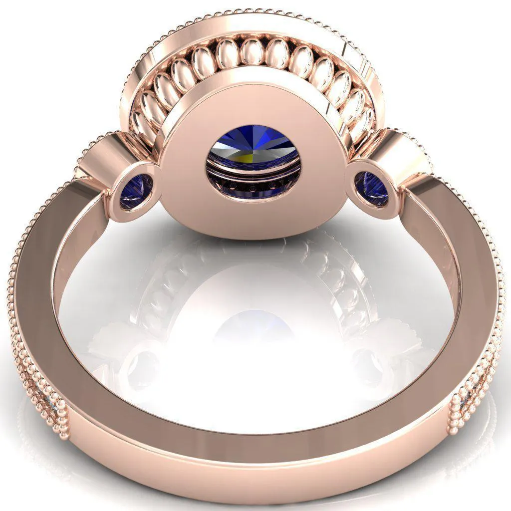 Brachium Round Blue Sapphire Bezel Milgrain Halo 3/4 Eternity Accent Diamond Ring