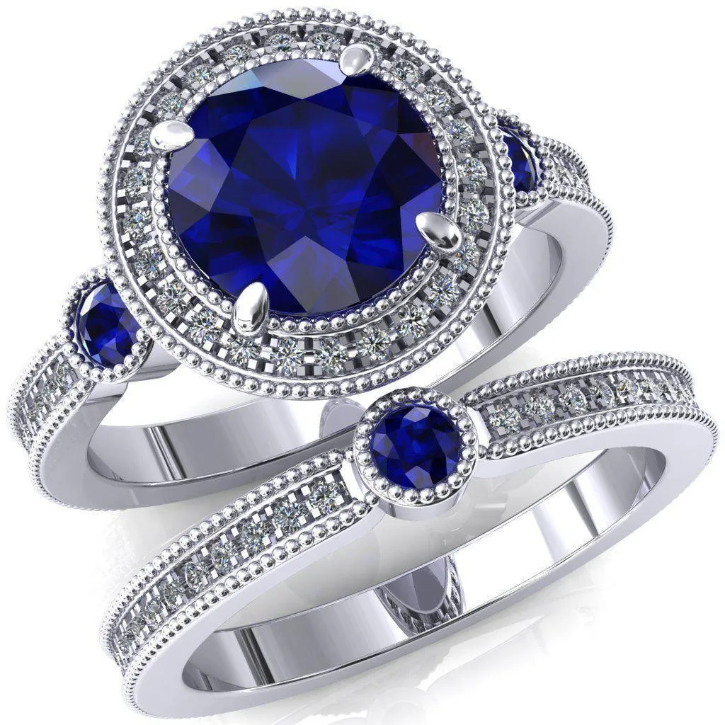 Brachium Round Blue Sapphire Bezel Milgrain Halo 3/4 Eternity Accent Diamond Ring
