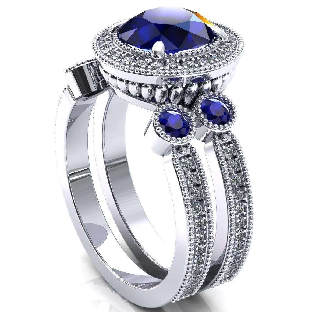 Brachium Round Blue Sapphire Bezel Milgrain Halo 3/4 Eternity Accent Diamond Ring