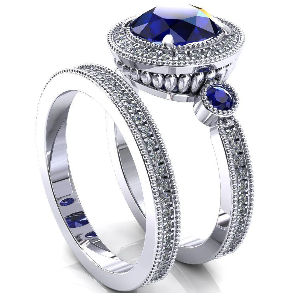 Brachium Round Blue Sapphire Bezel Milgrain Halo 3/4 Eternity Accent Diamond Ring
