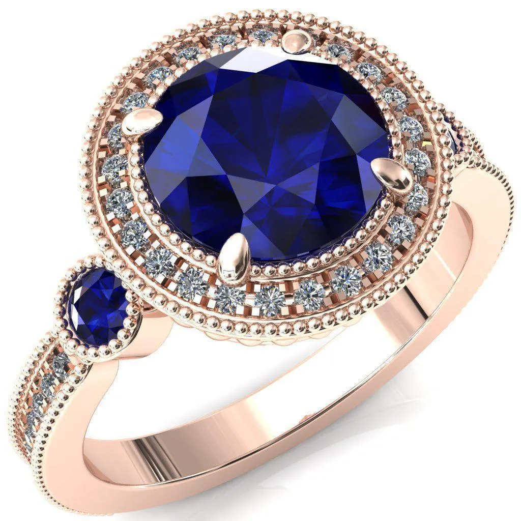 Brachium Round Blue Sapphire Bezel Milgrain Halo 3/4 Eternity Accent Diamond Ring