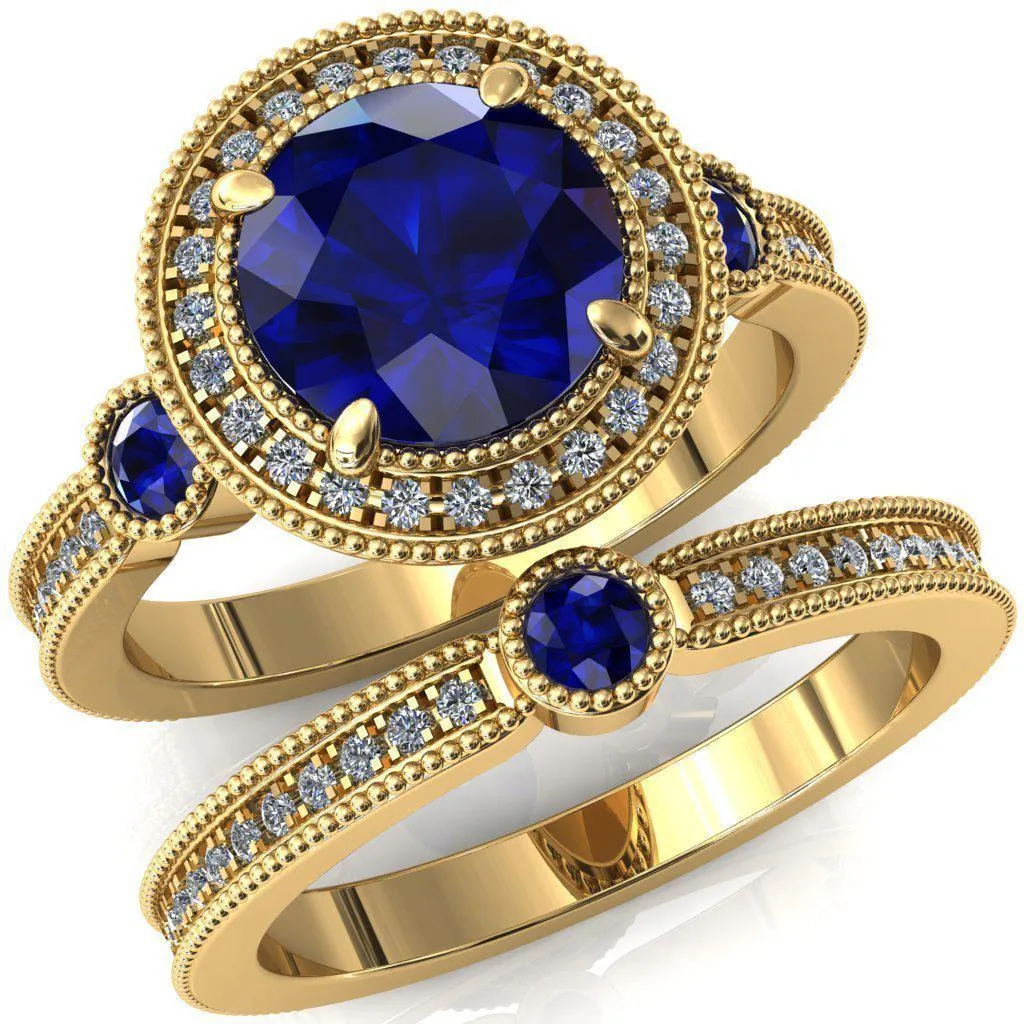 Brachium Round Blue Sapphire Bezel Milgrain Halo 3/4 Eternity Accent Diamond Ring