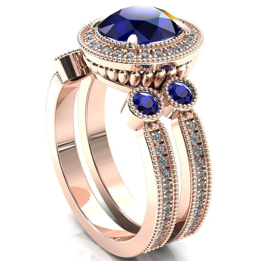 Brachium Round Blue Sapphire Bezel Milgrain Halo 3/4 Eternity Accent Diamond Ring