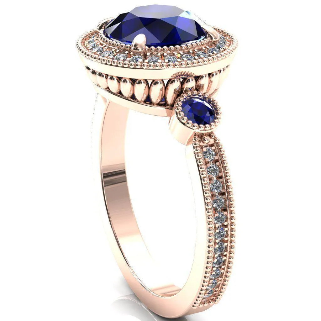 Brachium Round Blue Sapphire Bezel Milgrain Halo 3/4 Eternity Accent Diamond Ring