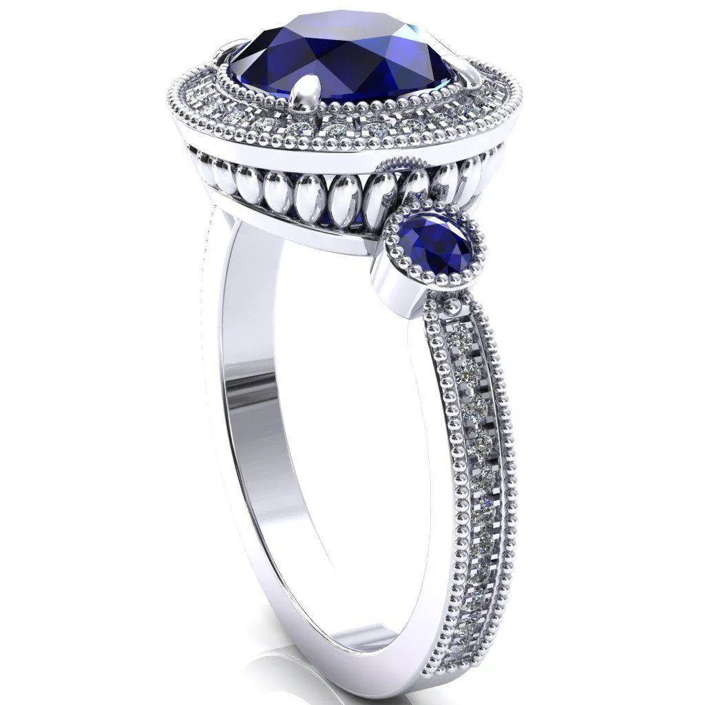 Brachium Round Blue Sapphire Bezel Milgrain Halo 3/4 Eternity Accent Diamond Ring