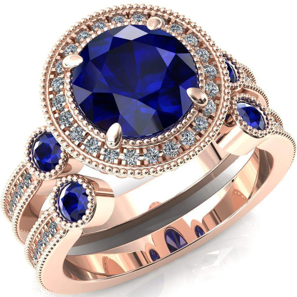 Brachium Round Blue Sapphire Bezel Milgrain Halo 3/4 Eternity Accent Diamond Ring