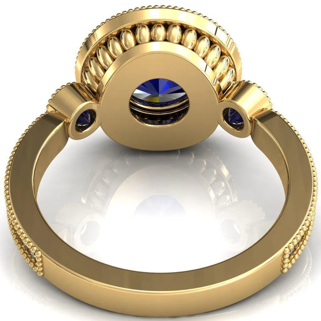 Brachium Round Blue Sapphire Bezel Milgrain Halo 3/4 Eternity Accent Diamond Ring