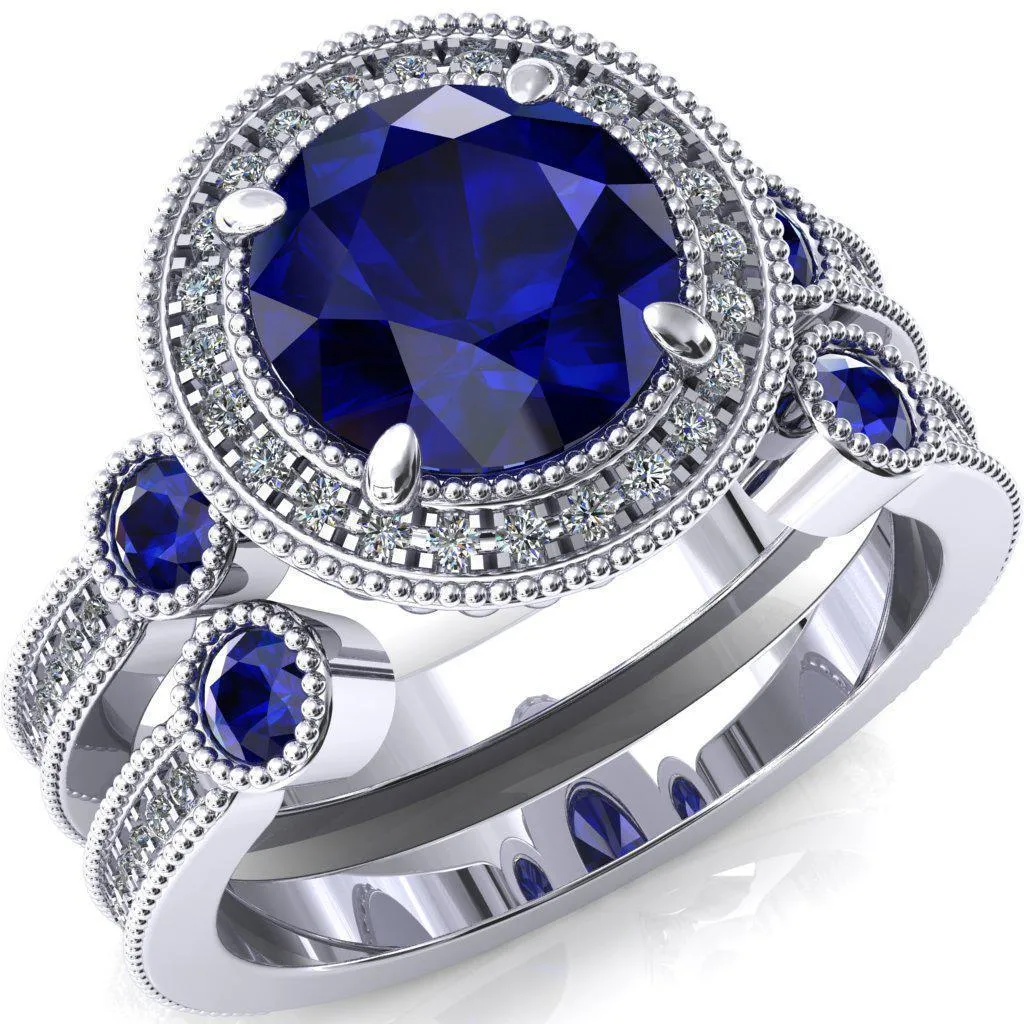 Brachium Round Blue Sapphire Bezel Milgrain Halo 3/4 Eternity Accent Diamond Ring