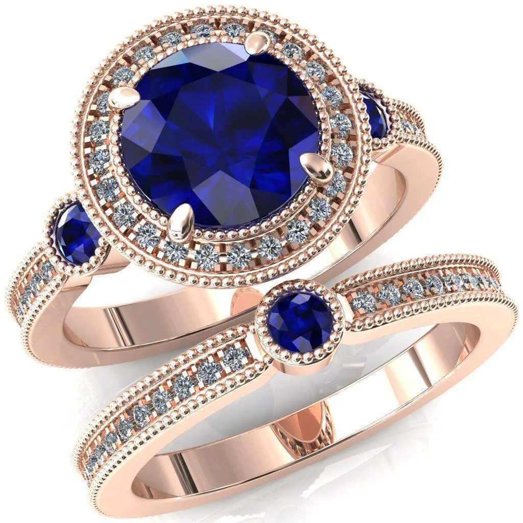 Brachium Round Blue Sapphire Bezel Milgrain Halo 3/4 Eternity Accent Diamond Ring