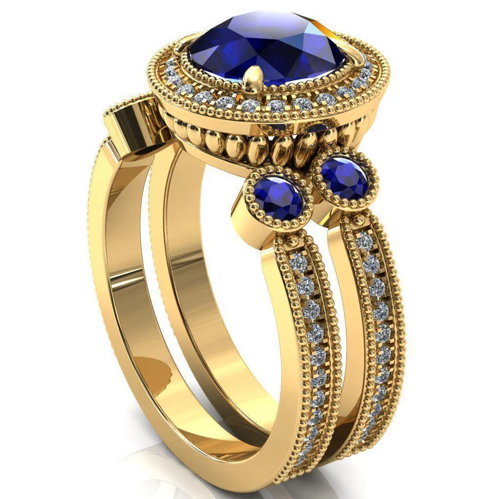 Brachium Round Blue Sapphire Bezel Milgrain Halo 3/4 Eternity Accent Diamond Ring
