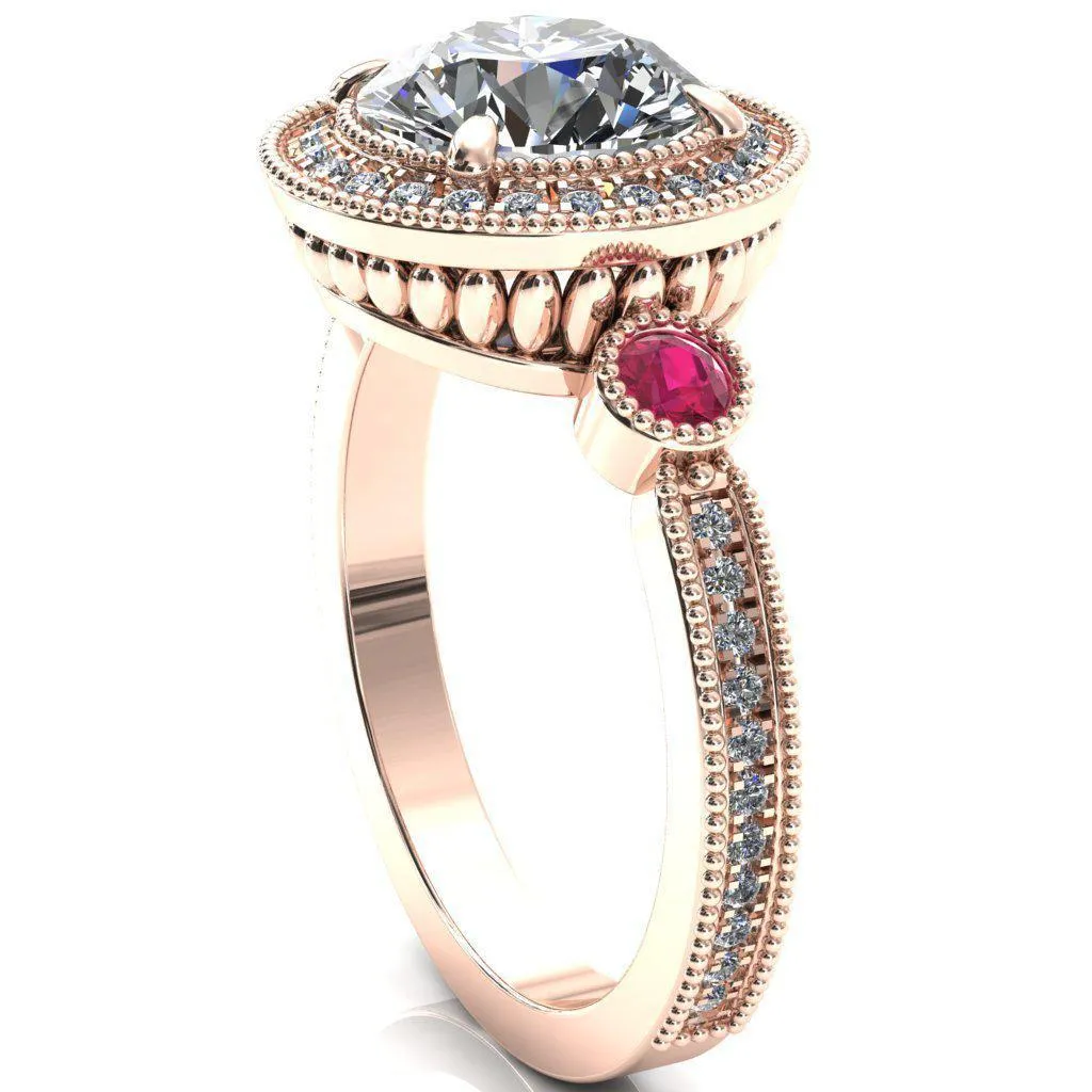 Brachium Round Center Stone Ruby Bezel Milgrain Halo 3/4 Eternity Accent Diamond Ring