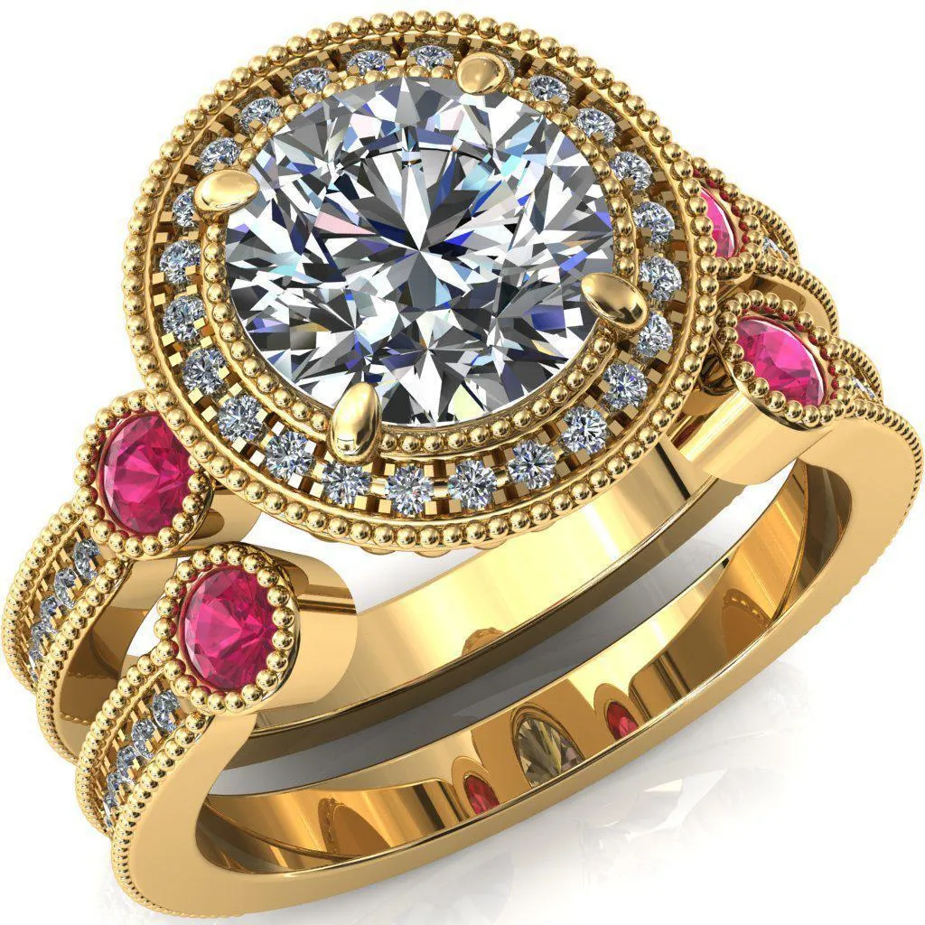 Brachium Round Center Stone Ruby Bezel Milgrain Halo 3/4 Eternity Accent Diamond Ring