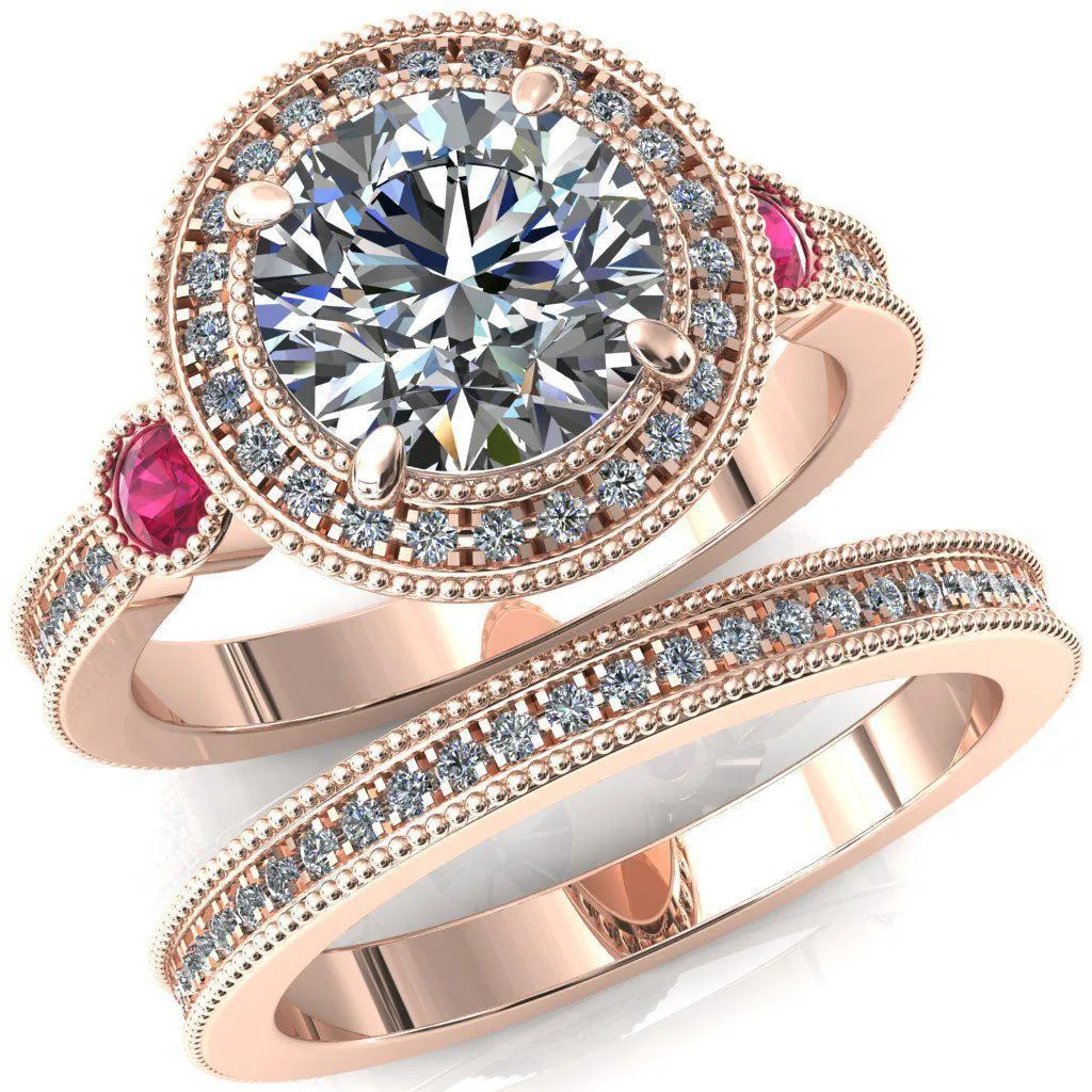 Brachium Round Center Stone Ruby Bezel Milgrain Halo 3/4 Eternity Accent Diamond Ring