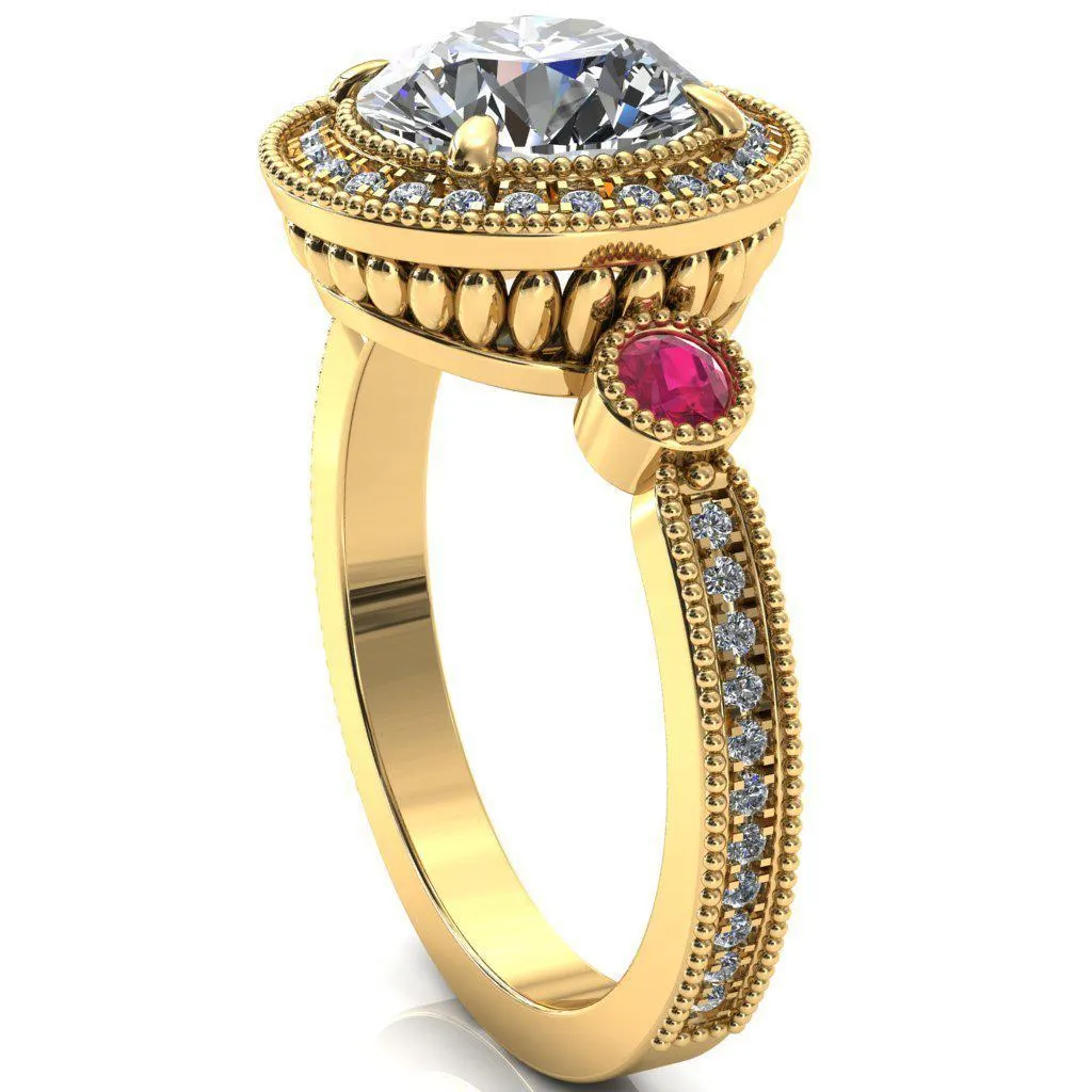 Brachium Round Center Stone Ruby Bezel Milgrain Halo 3/4 Eternity Accent Diamond Ring