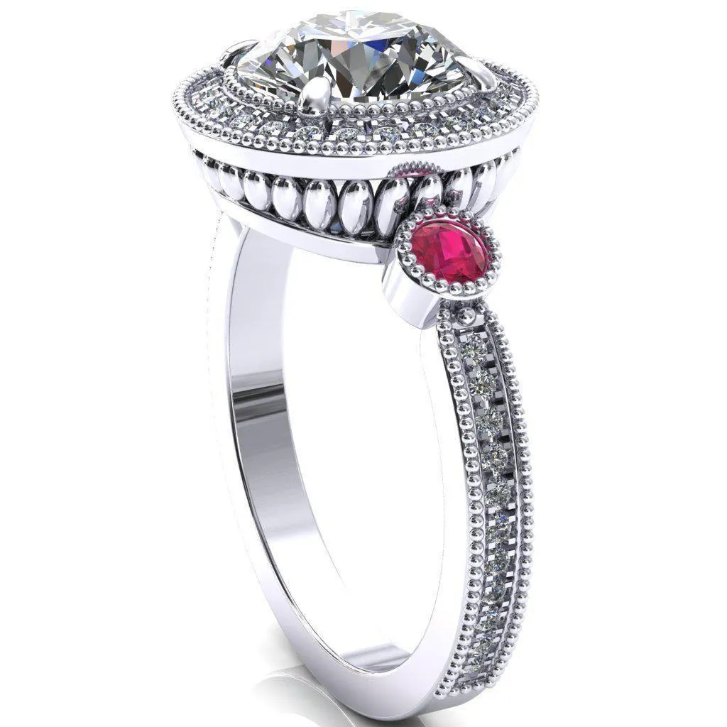 Brachium Round Center Stone Ruby Bezel Milgrain Halo 3/4 Eternity Accent Diamond Ring