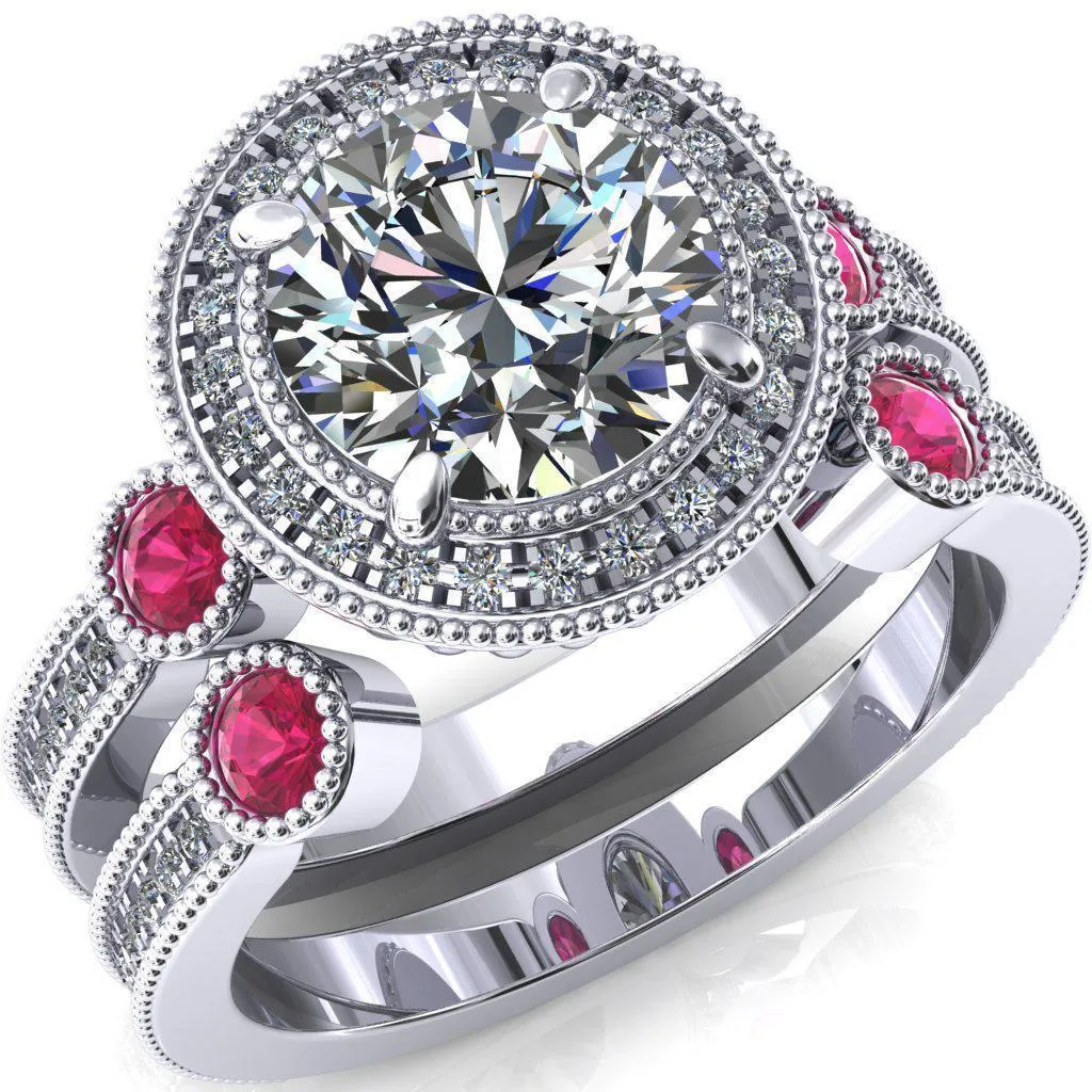 Brachium Round Center Stone Ruby Bezel Milgrain Halo 3/4 Eternity Accent Diamond Ring