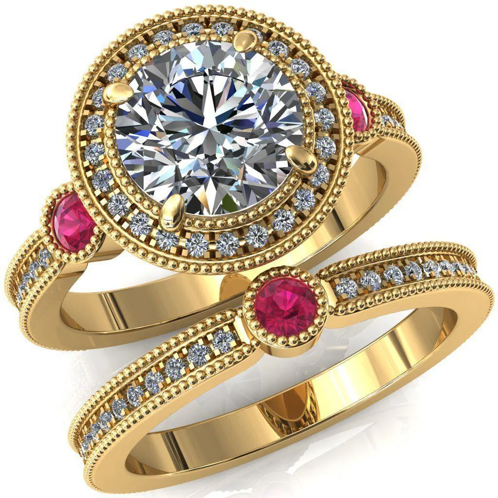 Brachium Round Center Stone Ruby Bezel Milgrain Halo 3/4 Eternity Accent Diamond Ring