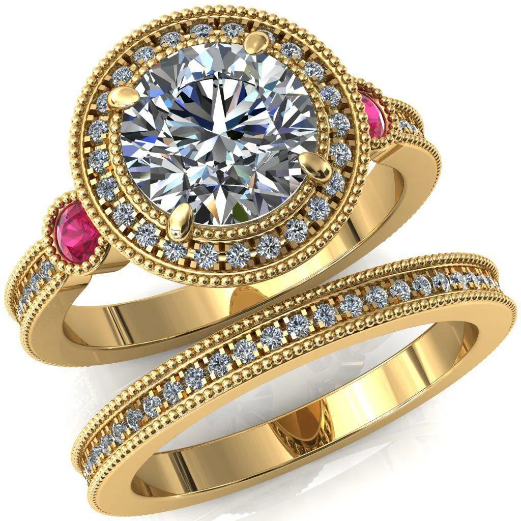 Brachium Round Center Stone Ruby Bezel Milgrain Halo 3/4 Eternity Accent Diamond Ring