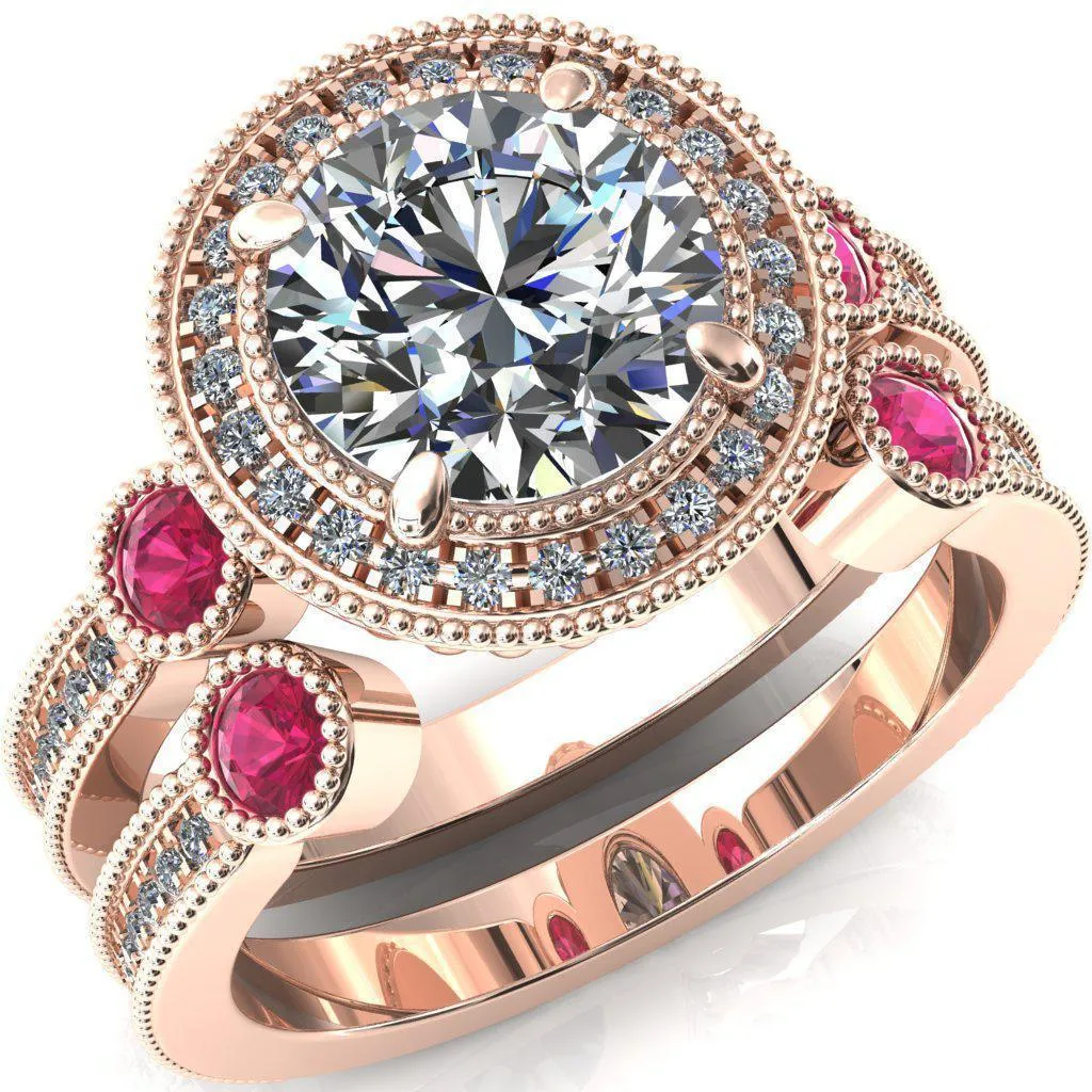 Brachium Round Center Stone Ruby Bezel Milgrain Halo 3/4 Eternity Accent Diamond Ring