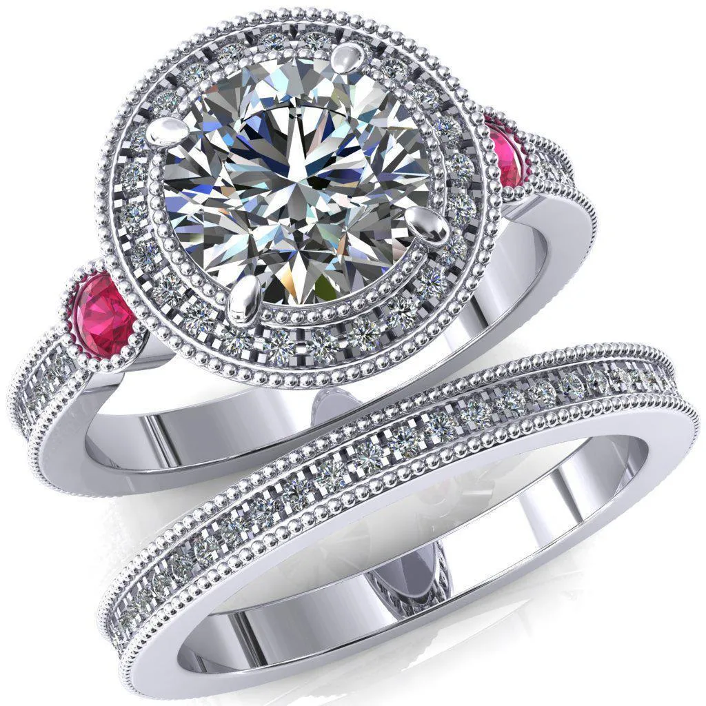 Brachium Round Center Stone Ruby Bezel Milgrain Halo 3/4 Eternity Accent Diamond Ring