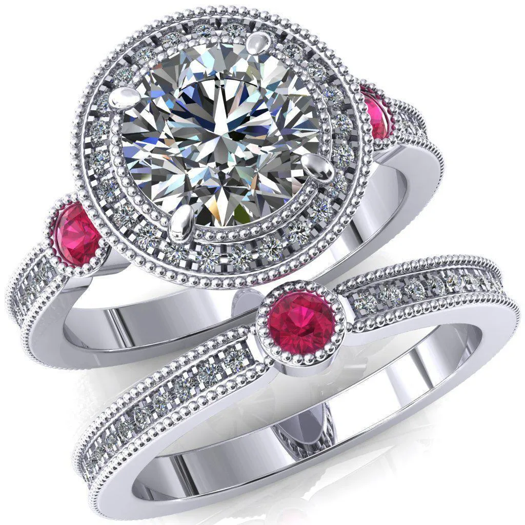 Brachium Round Center Stone Ruby Bezel Milgrain Halo 3/4 Eternity Accent Diamond Ring