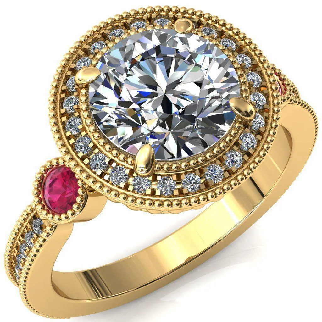 Brachium Round Center Stone Ruby Bezel Milgrain Halo 3/4 Eternity Accent Diamond Ring