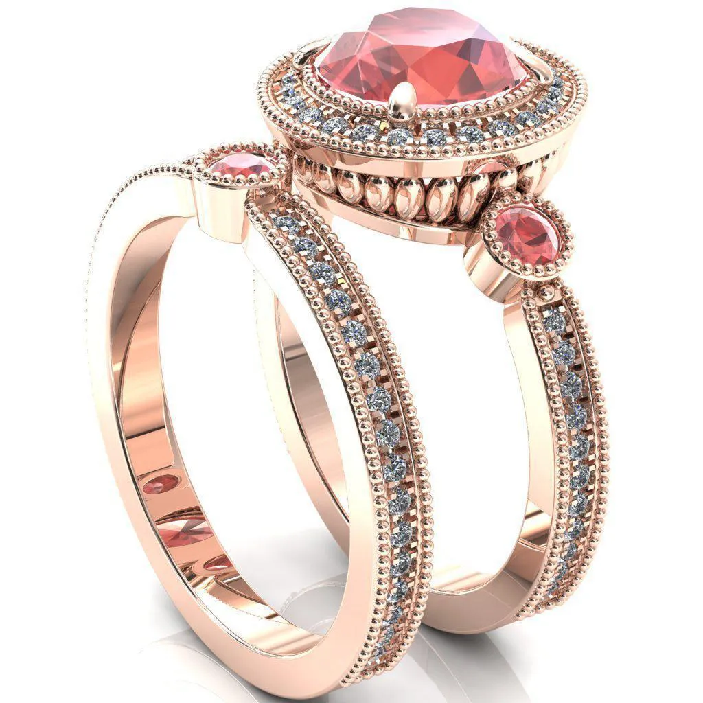 Brachium Round Padparadscha Sapphire Bezel Milgrain Halo 3/4 Eternity Accent Diamond Ring