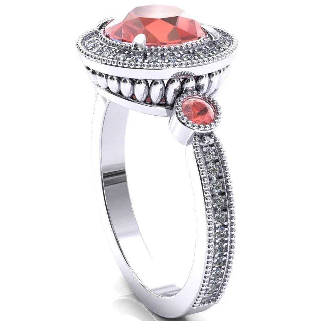 Brachium Round Padparadscha Sapphire Bezel Milgrain Halo 3/4 Eternity Accent Diamond Ring