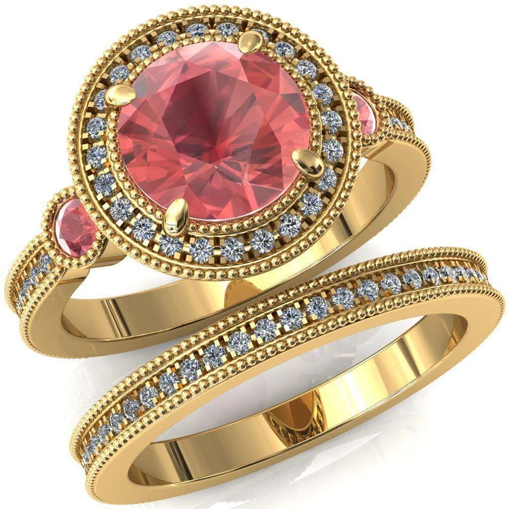 Brachium Round Padparadscha Sapphire Bezel Milgrain Halo 3/4 Eternity Accent Diamond Ring