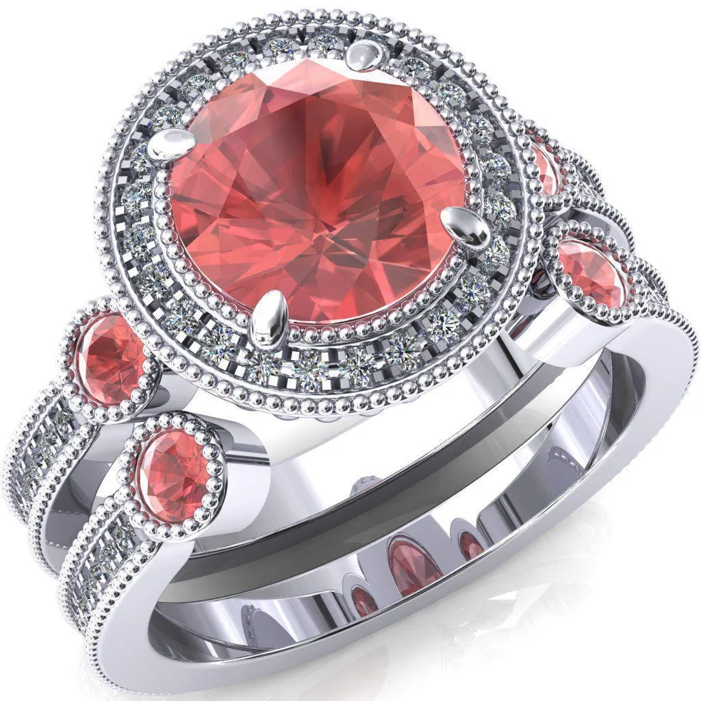 Brachium Round Padparadscha Sapphire Bezel Milgrain Halo 3/4 Eternity Accent Diamond Ring